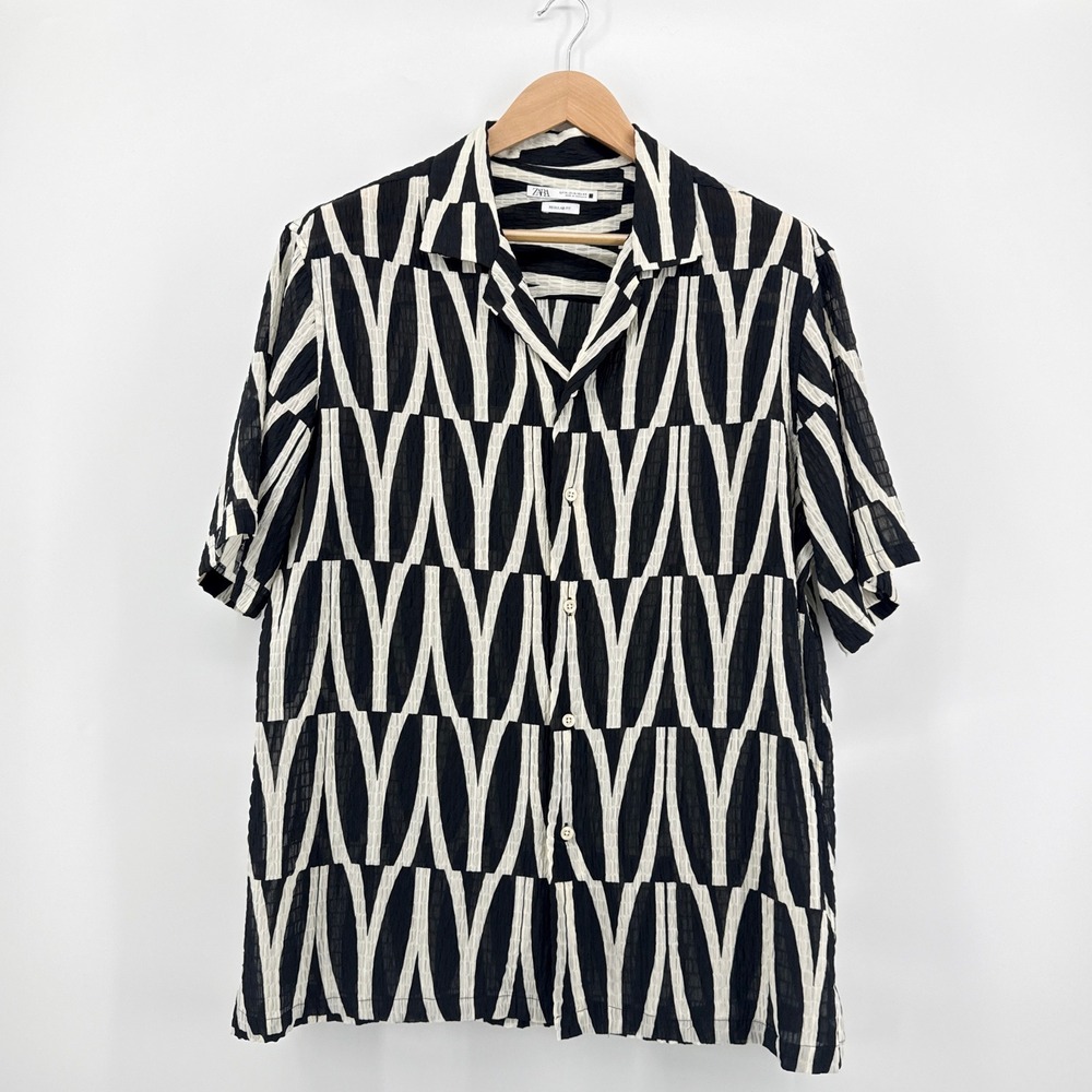 Zara Mens XL Regular Fit Black White‎ Abstract Geometric Seersucker Button Shirt